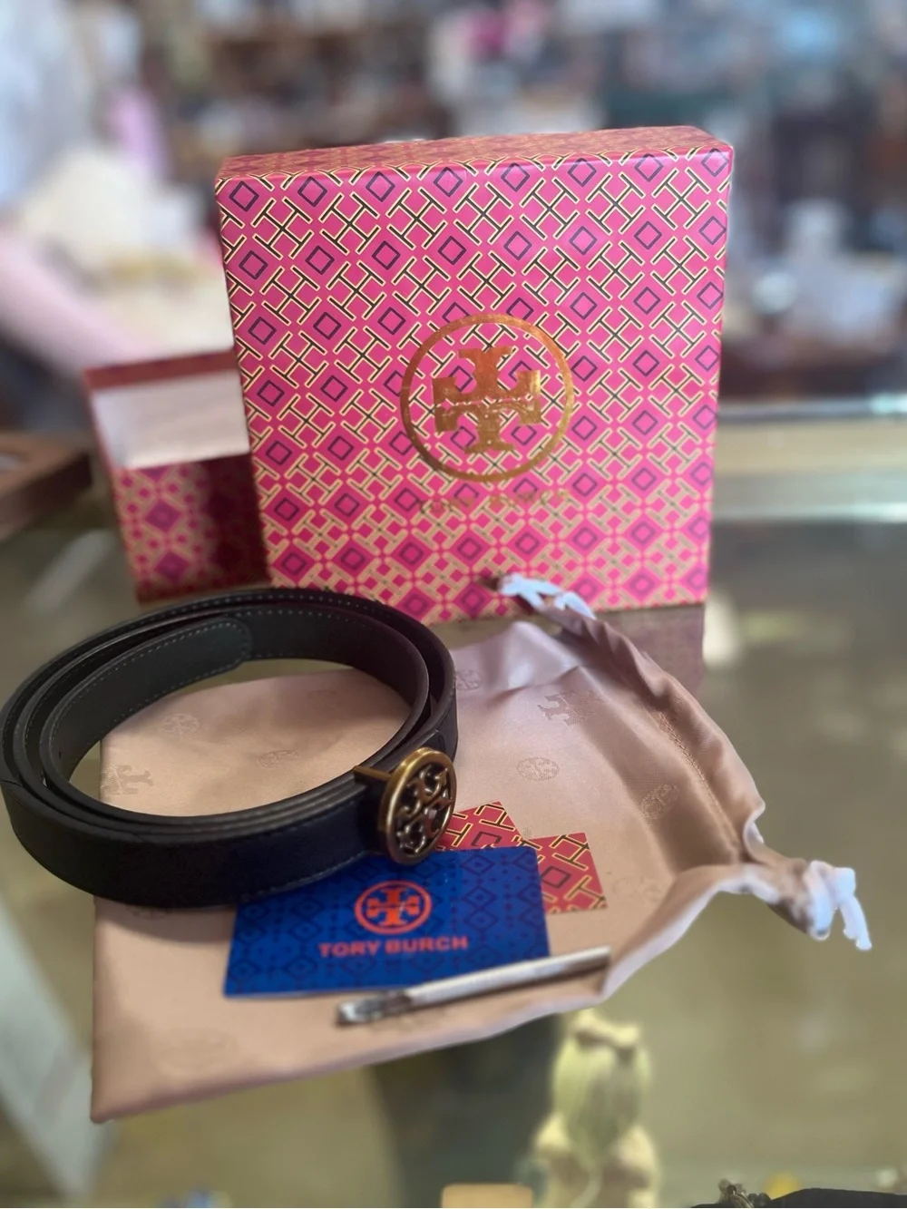 Tory Burch Black Leather Belt with Gold Tory Burch Logo